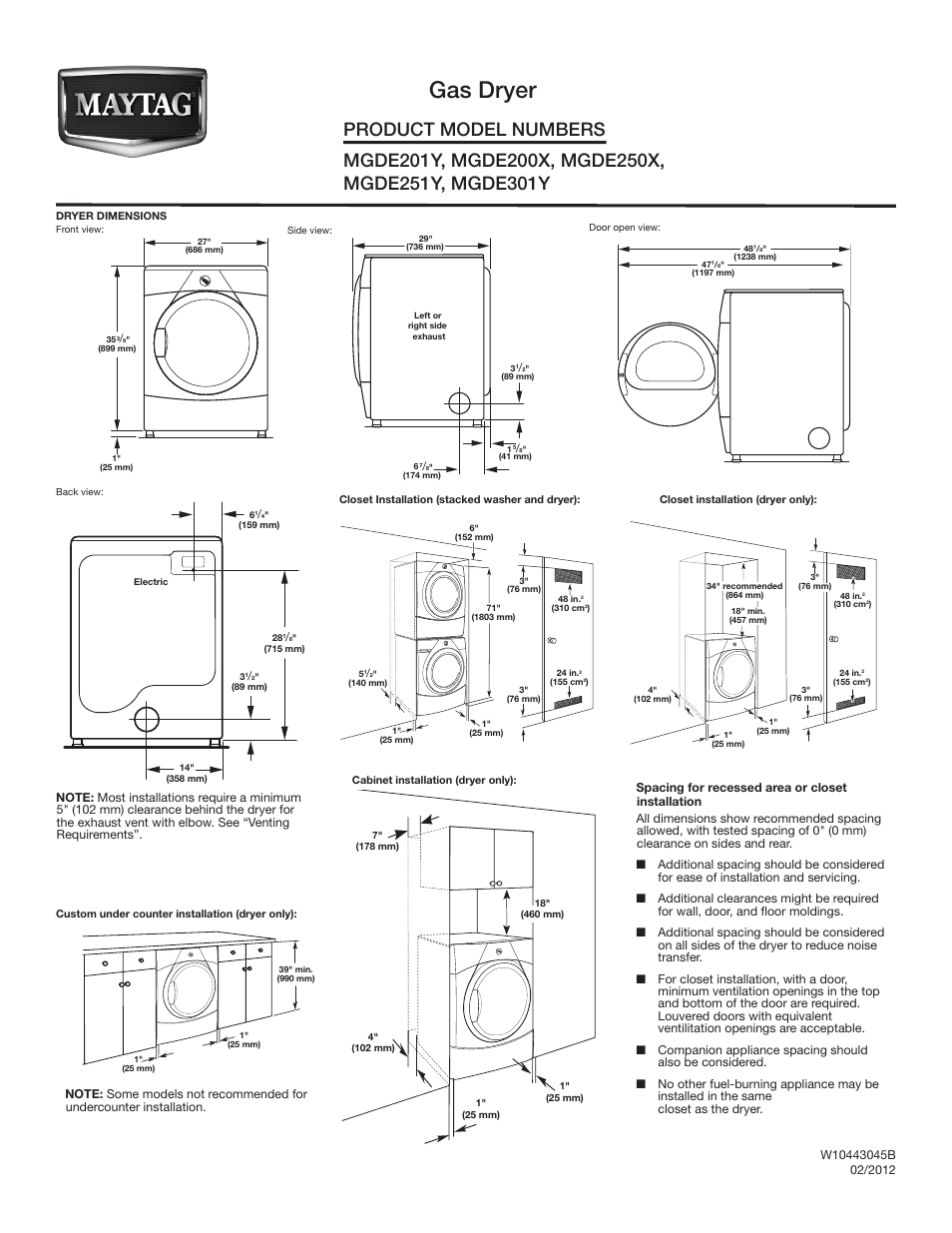 Maytag MGDE301YW Dimension Guide User Manual | 2 pages