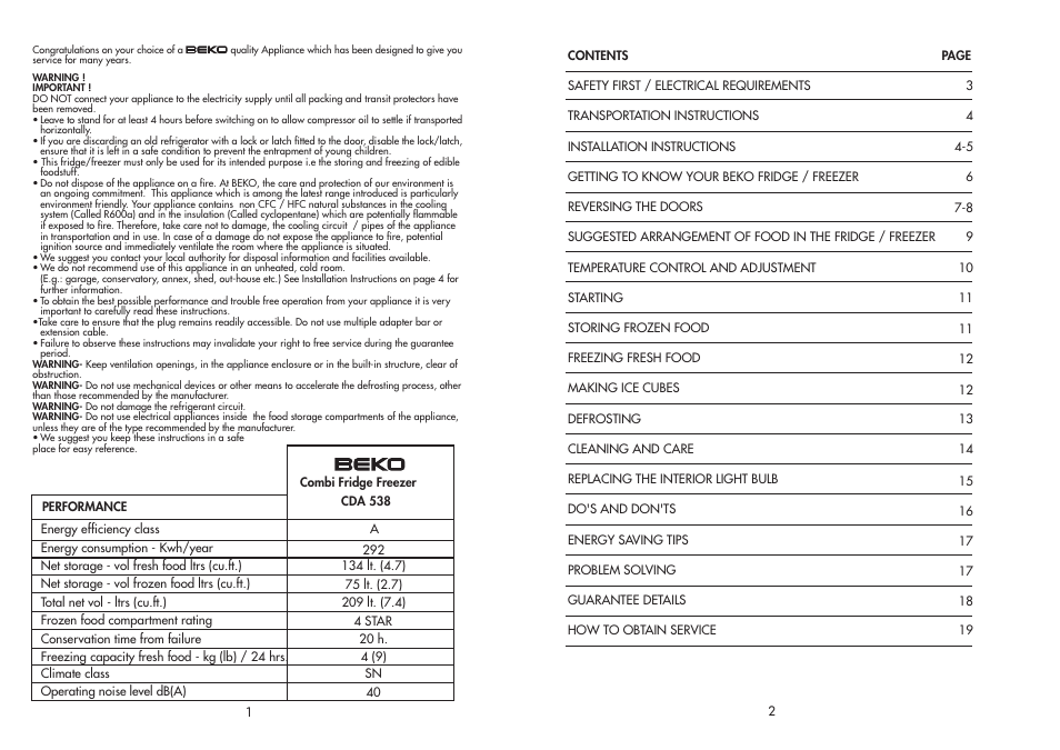 Combi BEKO FRIDGE / FREEZER CDA 538 User Manual | Page 2 / 11