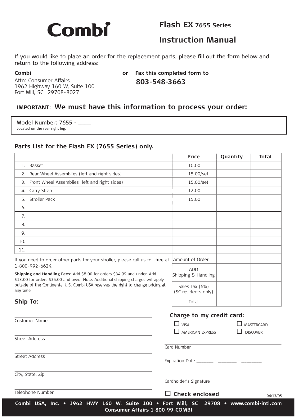 Parts order form, Flash ex, Instruction manual | Combi Flash EX 655 User Manual | Page 12 / 12