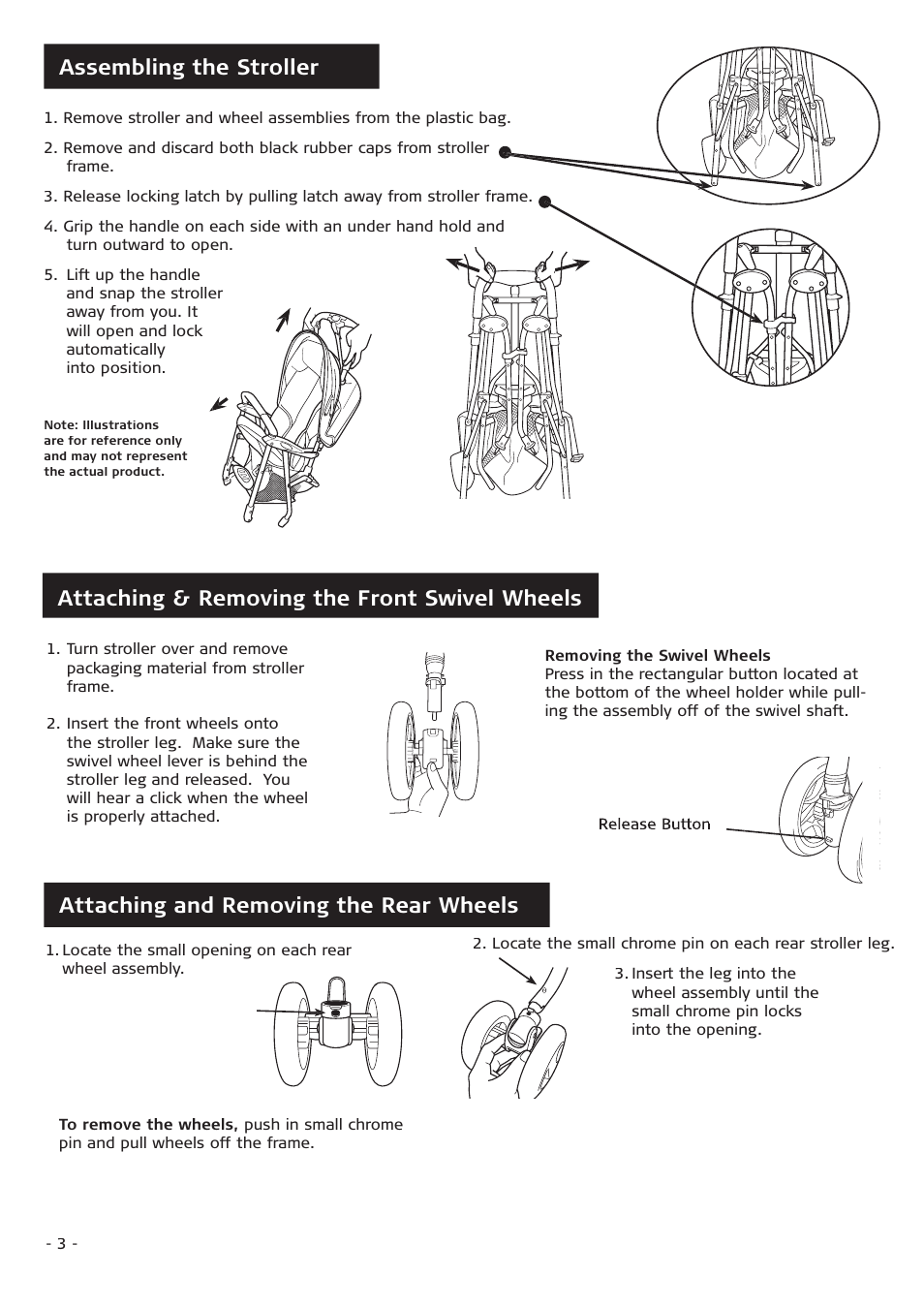 Attaching & removing the front swivel wheels, Assembling the stroller, Attaching and removing the rear wheels | Combi Flash EX 655 User Manual | Page 3 / 12