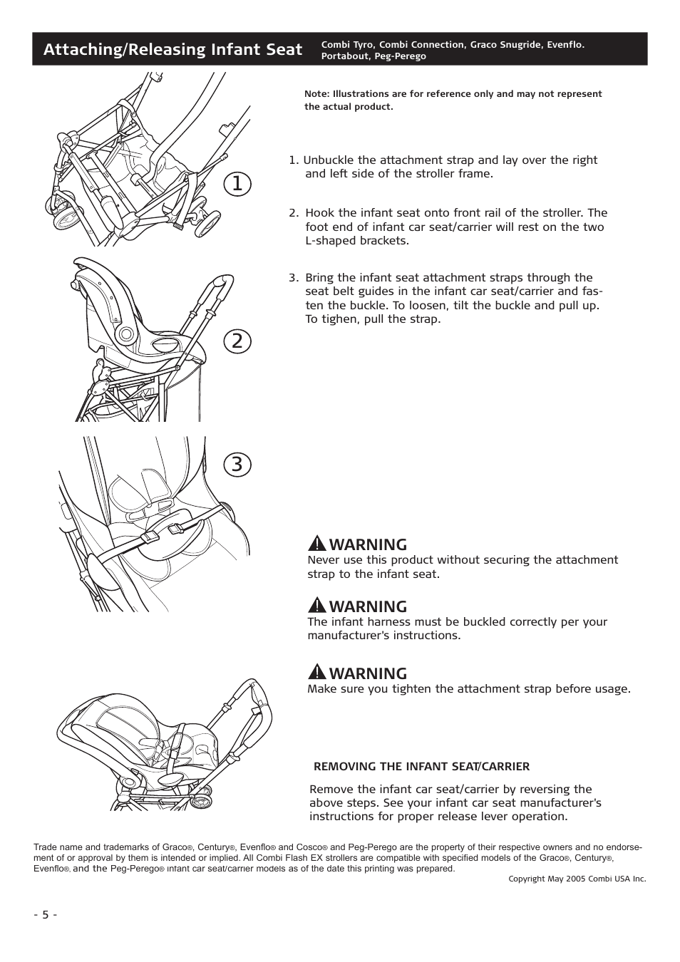 Attaching/releasing infant seat, Warning | Combi Flash EX 655 User Manual | Page 5 / 12