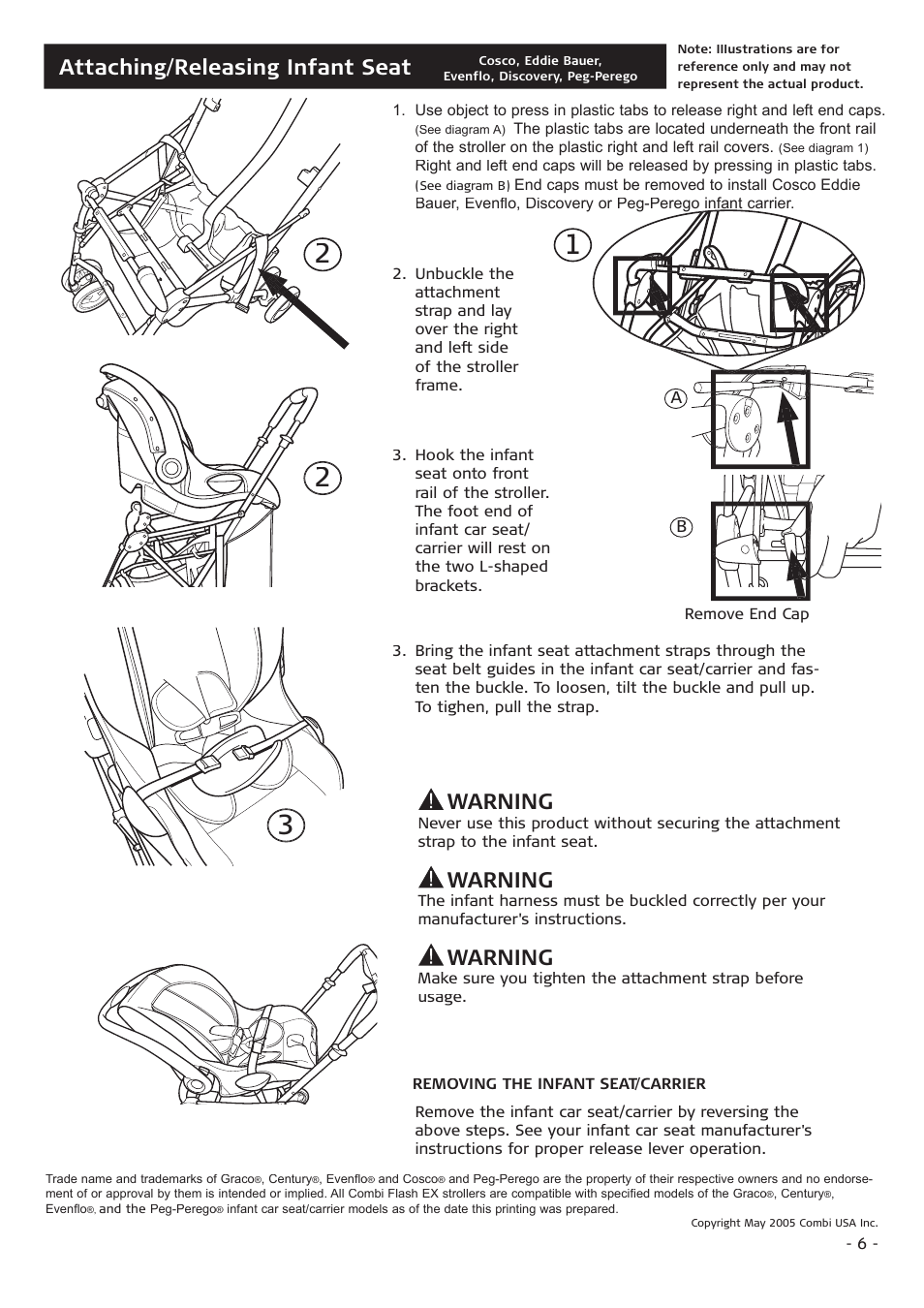 Attaching/releasing infant seat, Warning | Combi Flash EX 655 User Manual | Page 6 / 12