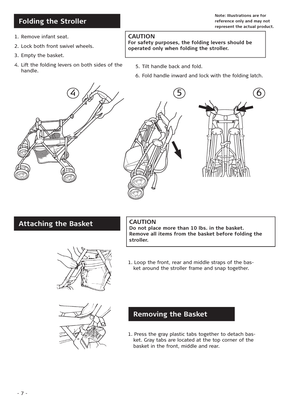 Folding the stroller, Attaching the basket, Removing the basket | Combi Flash EX 655 User Manual | Page 7 / 12