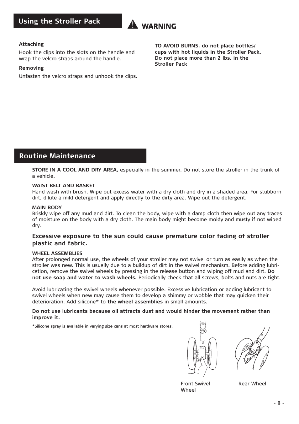 Routine maintenance, Using the stroller pack warning, Warning | Combi Flash EX 655 User Manual | Page 8 / 12