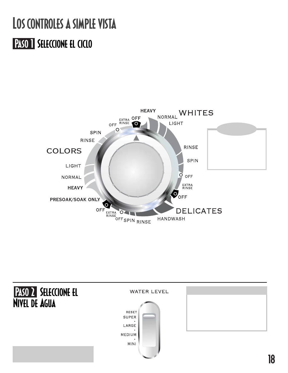 Os controles a simple vista, Paso 1 seleccione el ciclo, Paso 2 seleccione el nivel de agua | Colors | Maytag MAV7358AWW User Manual | Page 19 / 24