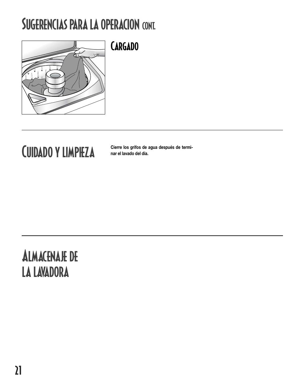 Ugerencias para la operacion, Uidado y limpieza, Lmacenaje de la lavadora | Cargado, Cont | Maytag MAV7358AWW User Manual | Page 22 / 24