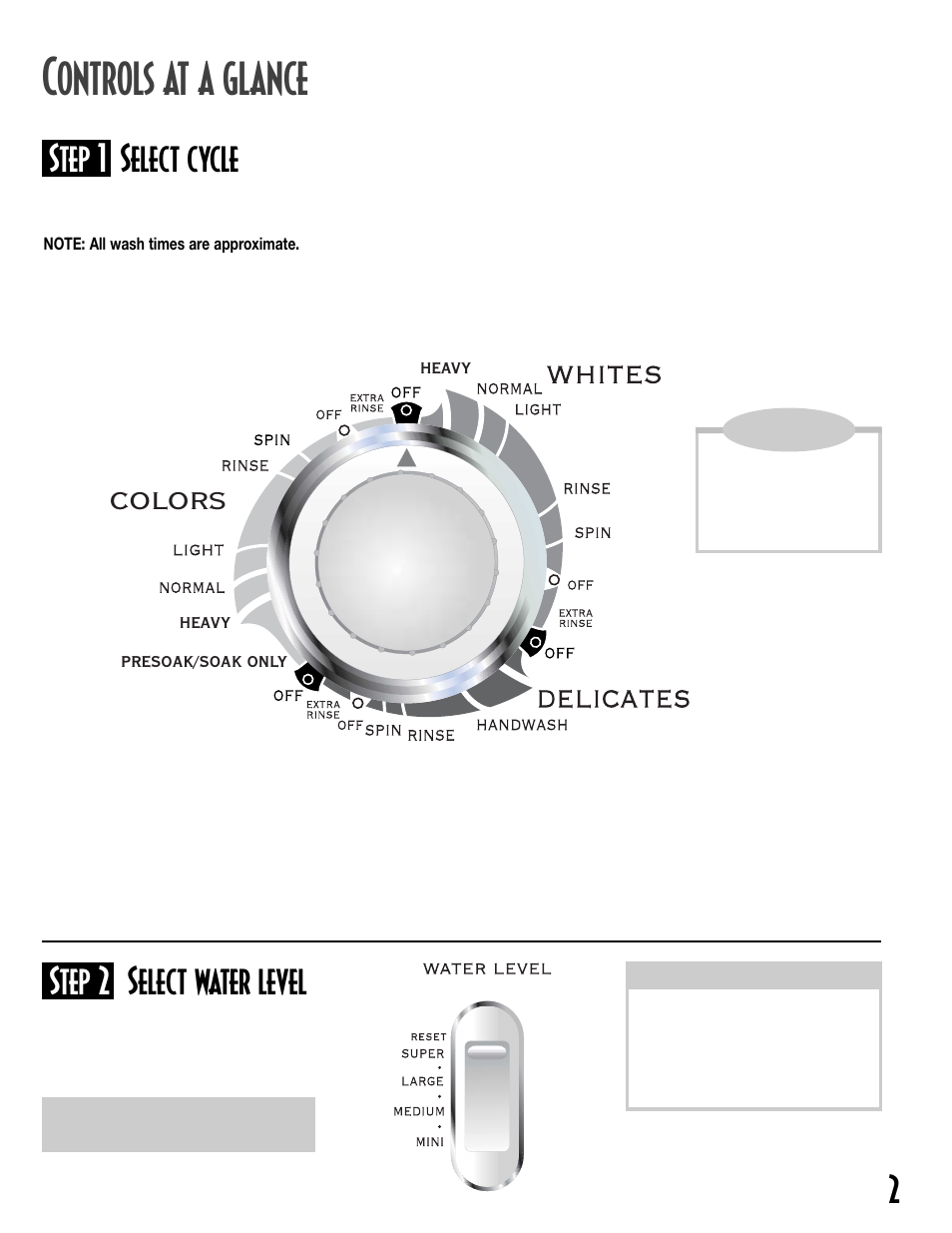 Ontrols at a glance, Step 1 select cycle, Step 2 select water level | Colors | Maytag MAV7358AWW User Manual | Page 3 / 24