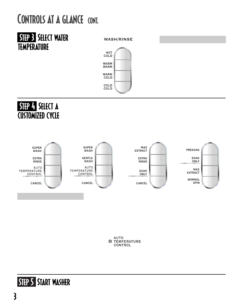 Ontrols at a glance, Step 5 start washer, Step 3 select water temperature | Step 4 select a customized cycle, Cont | Maytag MAV7358AWW User Manual | Page 4 / 24