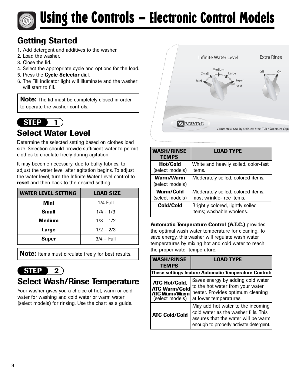 Using the controls, Electronic control models, Select wash/rinse temperature | Select water level, Getting started, Step 2, Step 1 | Maytag MAV551EEWW User Manual | Page 10 / 52