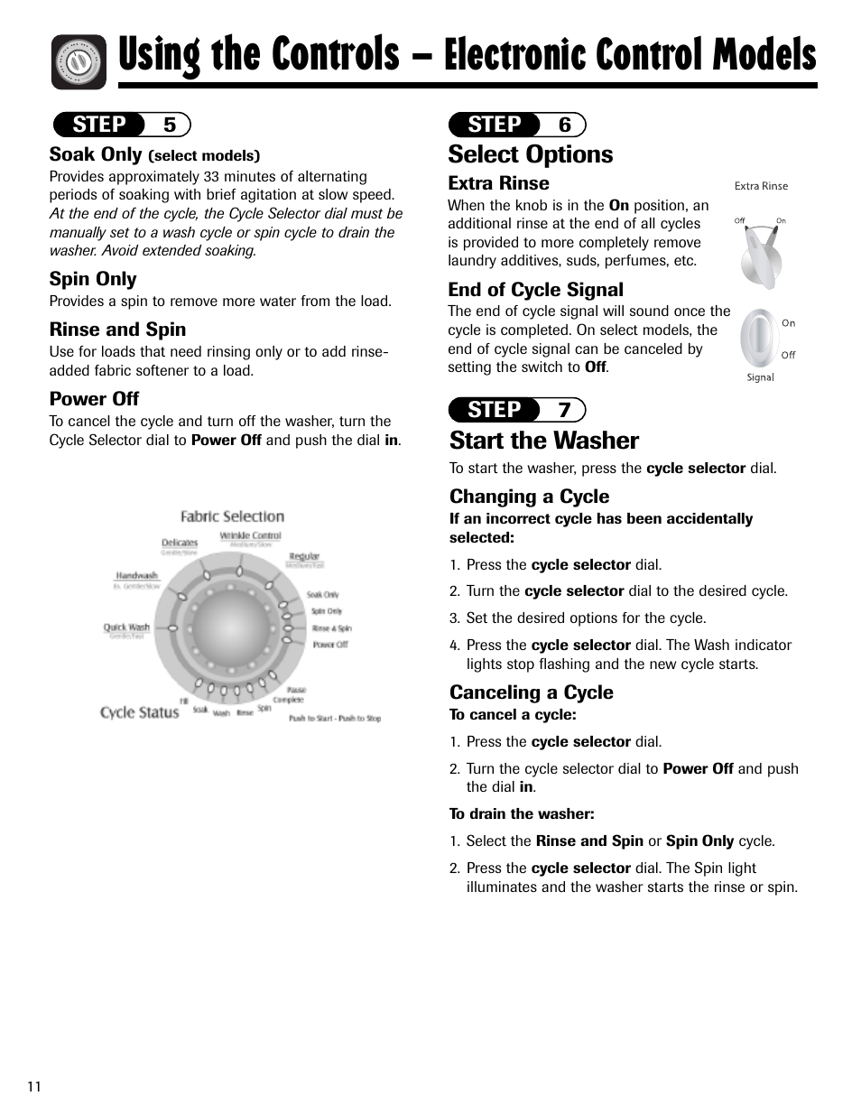Using the controls, Electronic control models, Select options | Start the washer | Maytag MAV551EEWW User Manual | Page 12 / 52