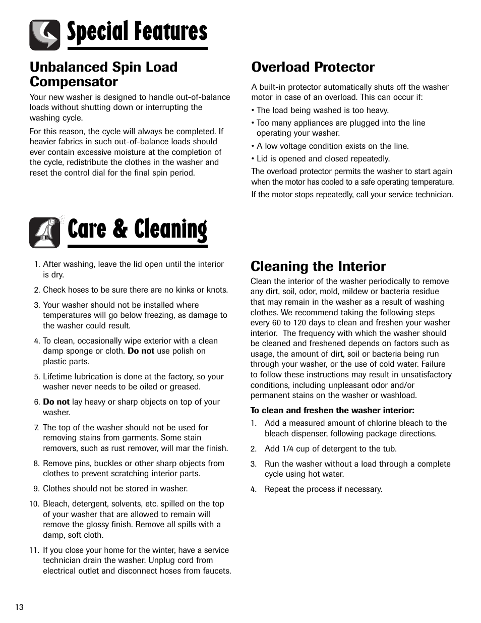 Special features care & cleaning, Unbalanced spin load compensator, Overload protector | Cleaning the interior | Maytag MAV551EEWW User Manual | Page 14 / 52