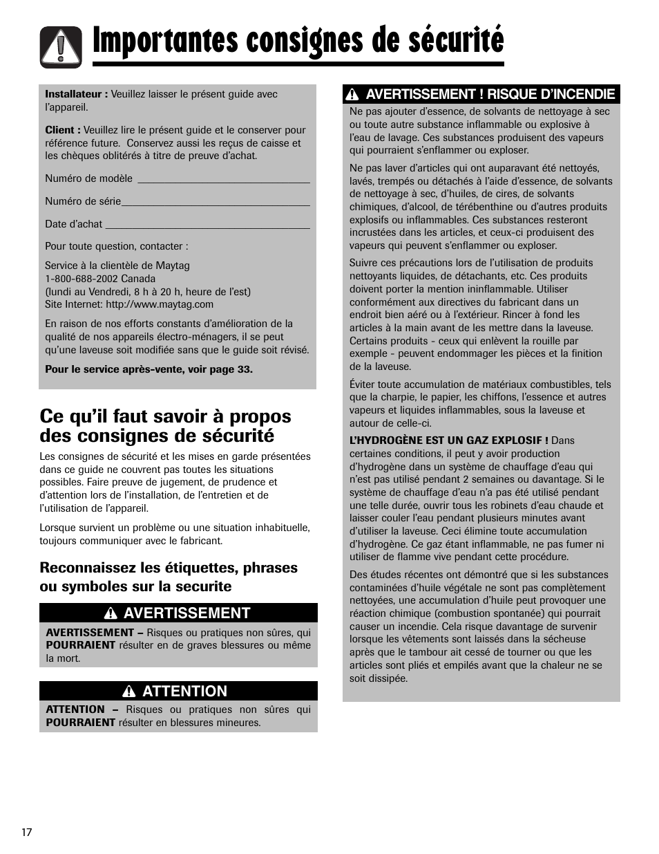 Importantes consignes de sécurité, Avertissement, Attention | Avertissement ! risque d’incendie | Maytag MAV551EEWW User Manual | Page 18 / 52