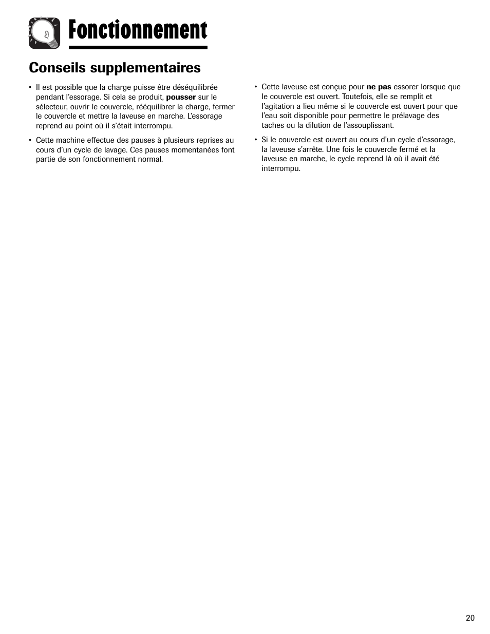 Fonctionnement, Conseils supplementaires | Maytag MAV551EEWW User Manual | Page 21 / 52