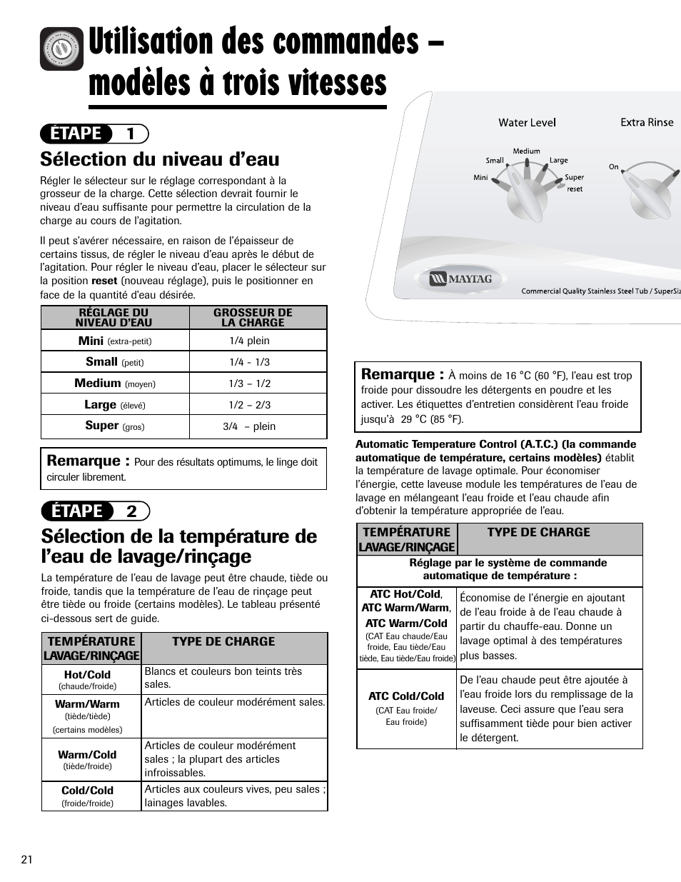 Sélection du niveau d’eau, Étape 1 étape 2, Remarque | Maytag MAV551EEWW User Manual | Page 22 / 52