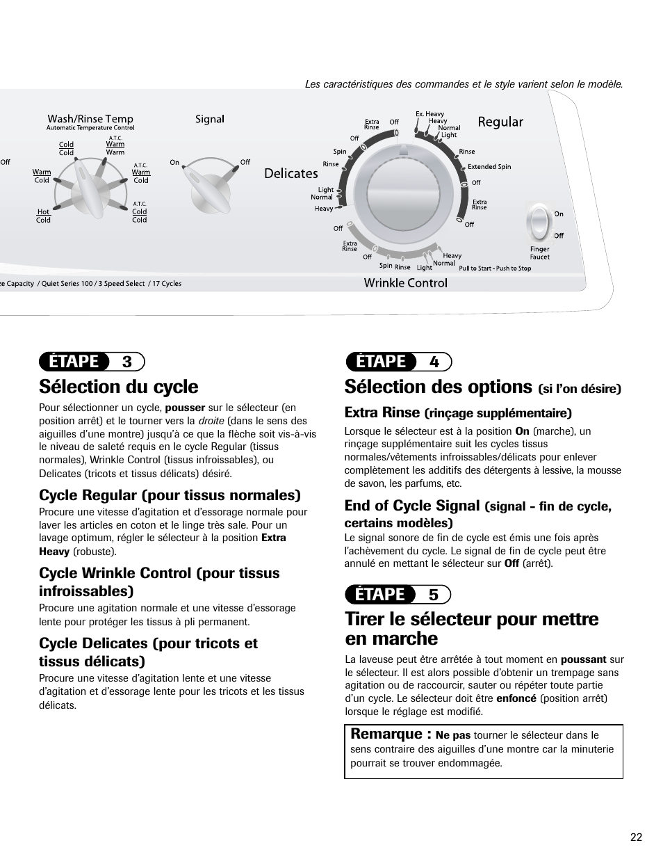 Sélection du cycle, Tirer le sélecteur pour mettre en marche, Sélection des options | Étape 3 étape 5, Étape 4 | Maytag MAV551EEWW User Manual | Page 23 / 52