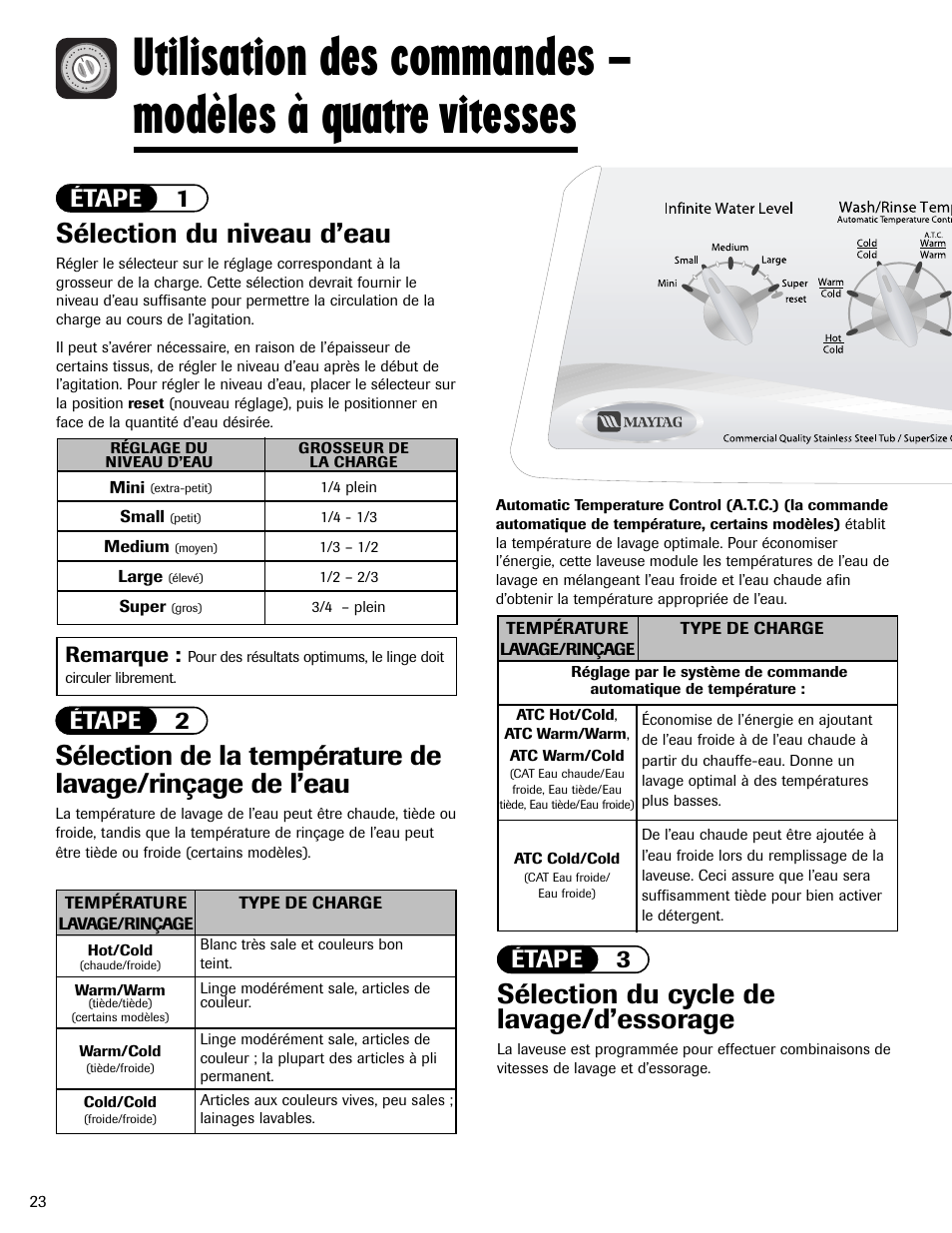 Sélection du niveau d’eau, Sélection du cycle de lavage/d’essorage, Étape 1 | Étape 2, Étape 3, Remarque | Maytag MAV551EEWW User Manual | Page 24 / 52