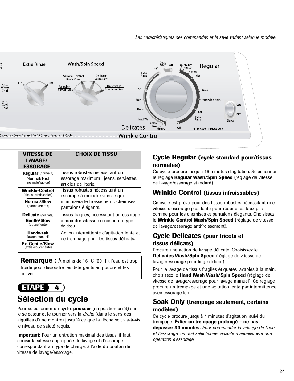 Sélection du cycle, Étape 4, Remarque | Cycle regular, Wrinkle control, Cycle delicates, Soak only | Maytag MAV551EEWW User Manual | Page 25 / 52