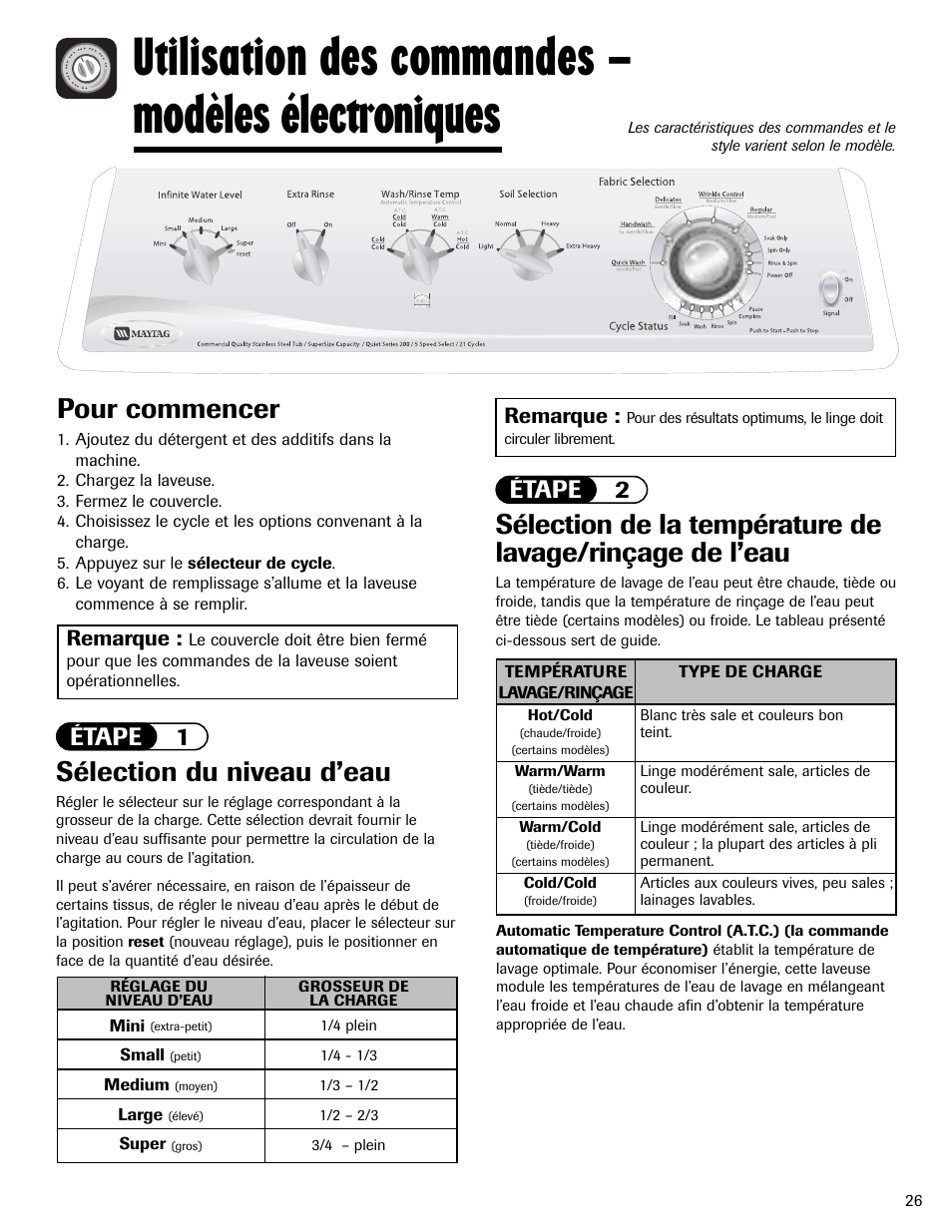 Utilisation des commandes – modèles électroniques, Pour commencer, Sélection du niveau d’eau | Étape 1, Étape 2, Remarque | Maytag MAV551EEWW User Manual | Page 27 / 52
