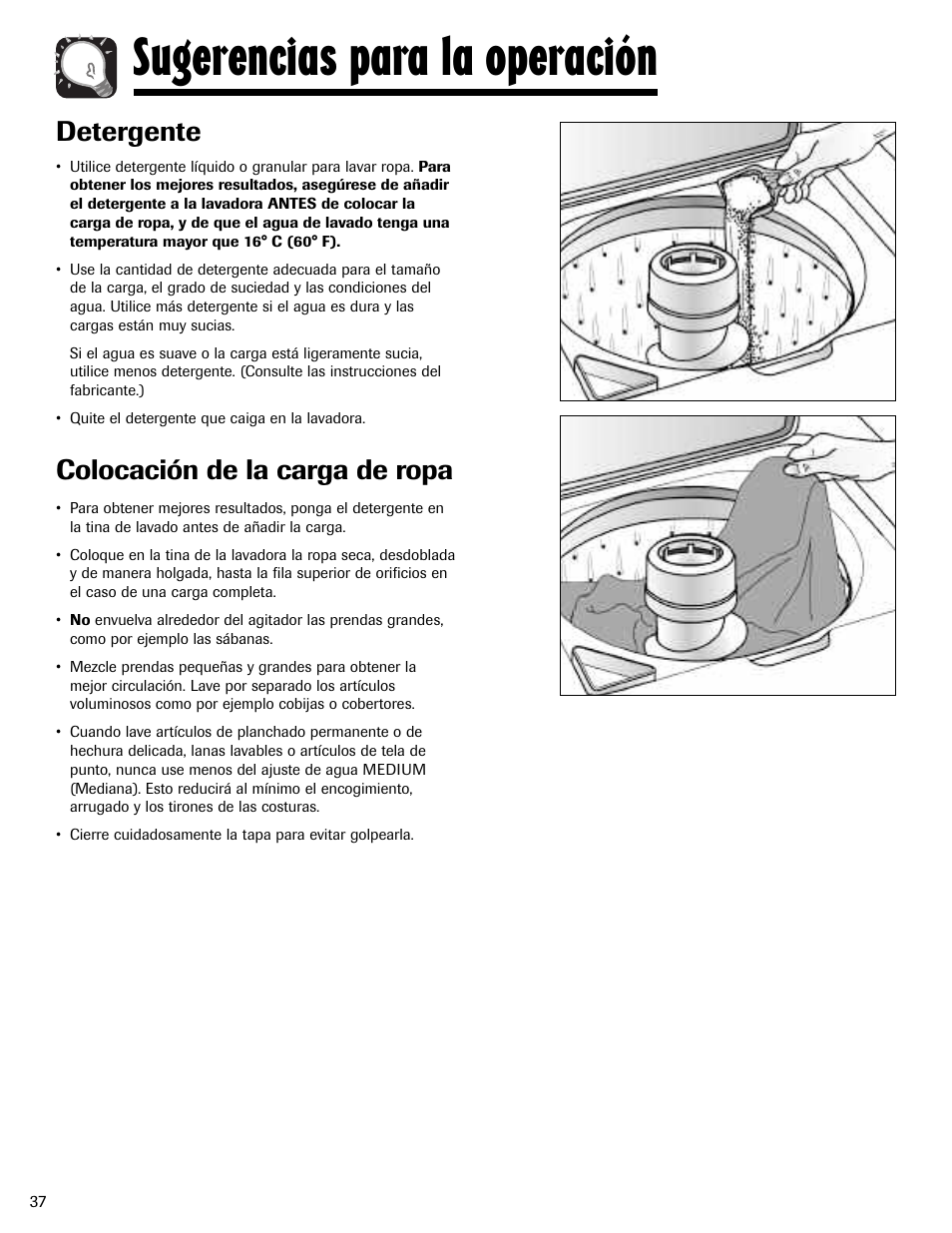 Sugerencias para la operación, Detergente, Colocación de la carga de ropa | Maytag MAV551EEWW User Manual | Page 38 / 52