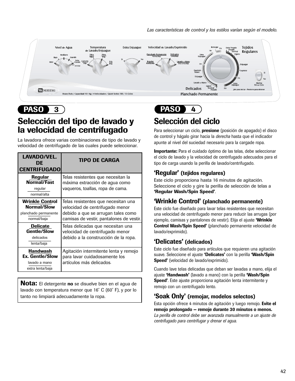 Selección del ciclo, Paso 4, Paso 3 | Regular, Wrinkle control, Delicates, Soak only, Nota | Maytag MAV551EEWW User Manual | Page 43 / 52