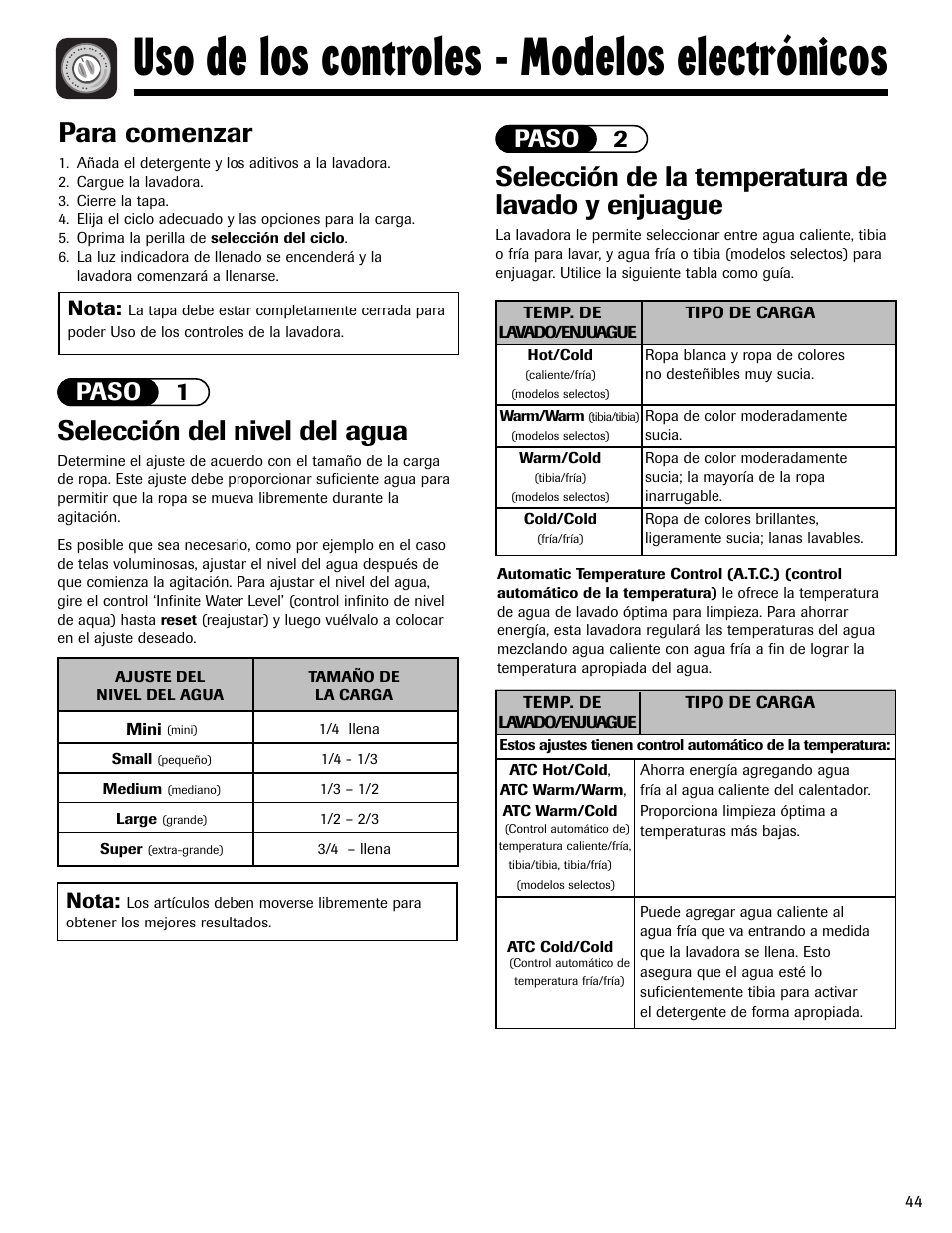 Uso de los controles - modelos electrónicos, Selección del nivel del agua, Selección de la temperatura de lavado y enjuague | Para comenzar, Paso 1 paso 2, Nota | Maytag MAV551EEWW User Manual | Page 45 / 52