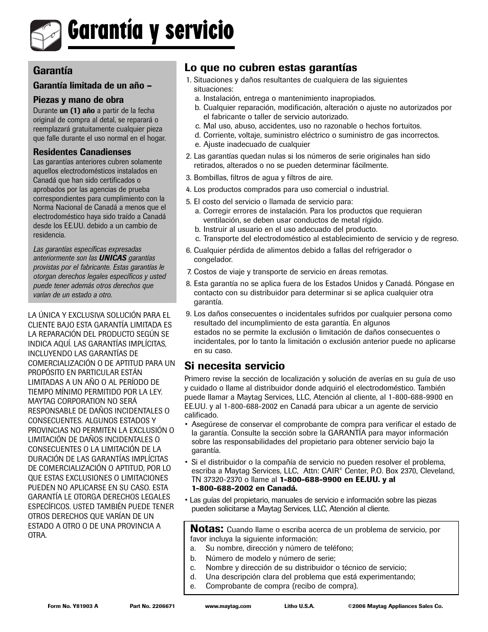 Garantía y servicio, Lo que no cubren estas garantías, Si necesita servicio | Garantía, Notas, Residentes canadienses | Maytag MAV551EEWW User Manual | Page 52 / 52