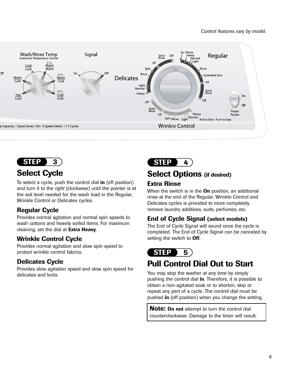 Select options, Pull control dial out to start, Select cycle | Maytag MAV551EEWW User Manual | Page 7 / 52