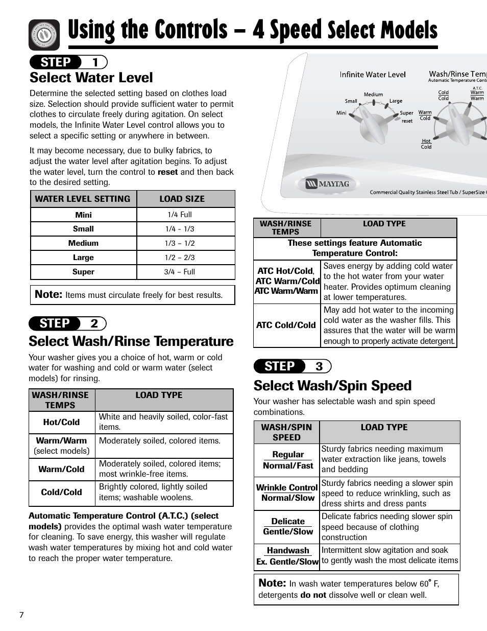 Using the controls – 4 speed, Select models, Select water level | Select wash/rinse temperature, Select wash/spin speed, Step 1, Step 2, Step 3 | Maytag MAV551EEWW User Manual | Page 8 / 52