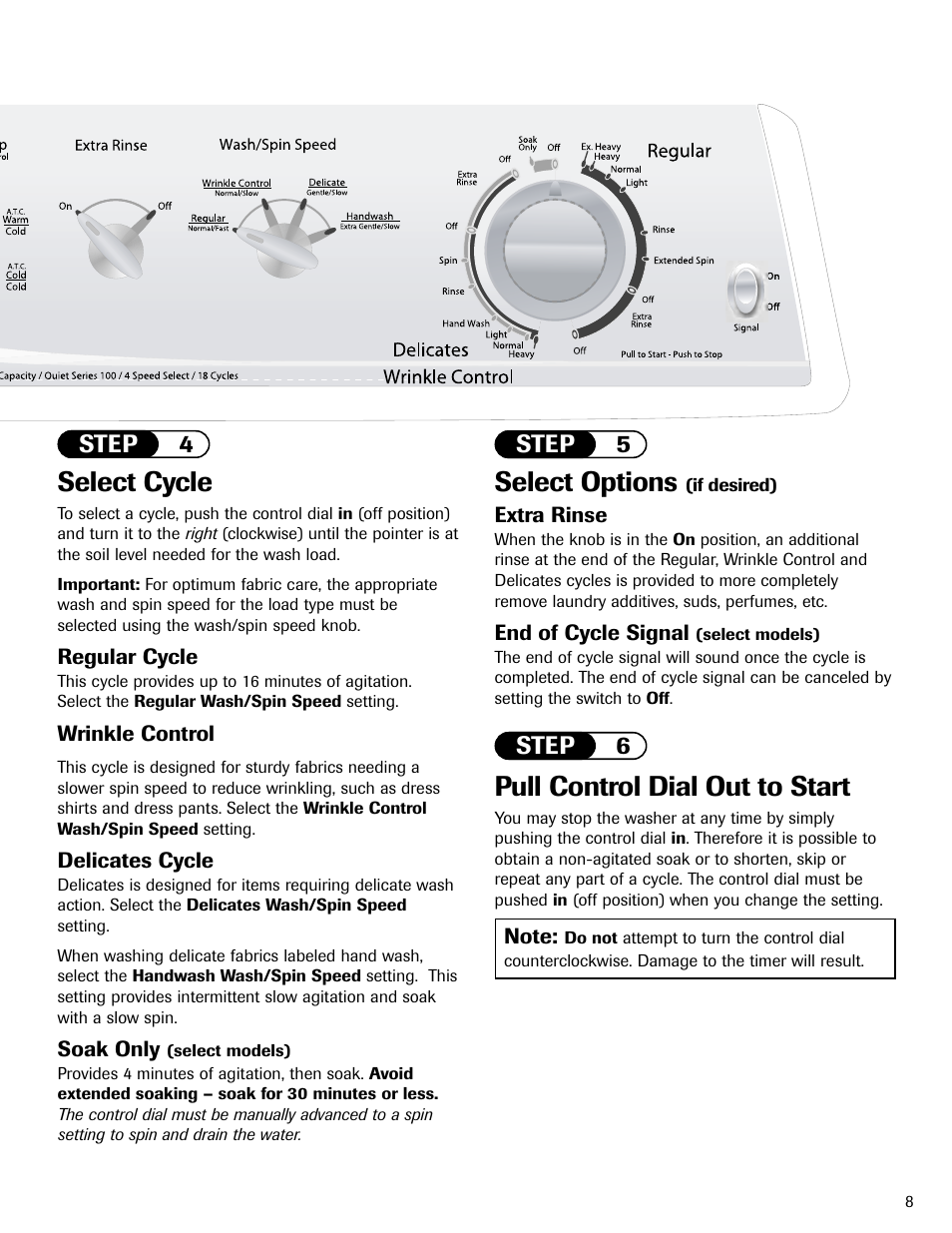 Select cycle, Pull control dial out to start, Select options | Step 4 step 6, Step 5 | Maytag MAV551EEWW User Manual | Page 9 / 52
