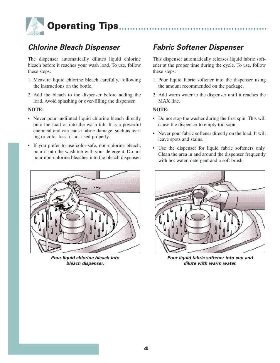 Operating tips, Chlorine bleach dispenser, Fabric softener dispenser | Maytag MAV6057AWW User Manual | Page 6 / 12