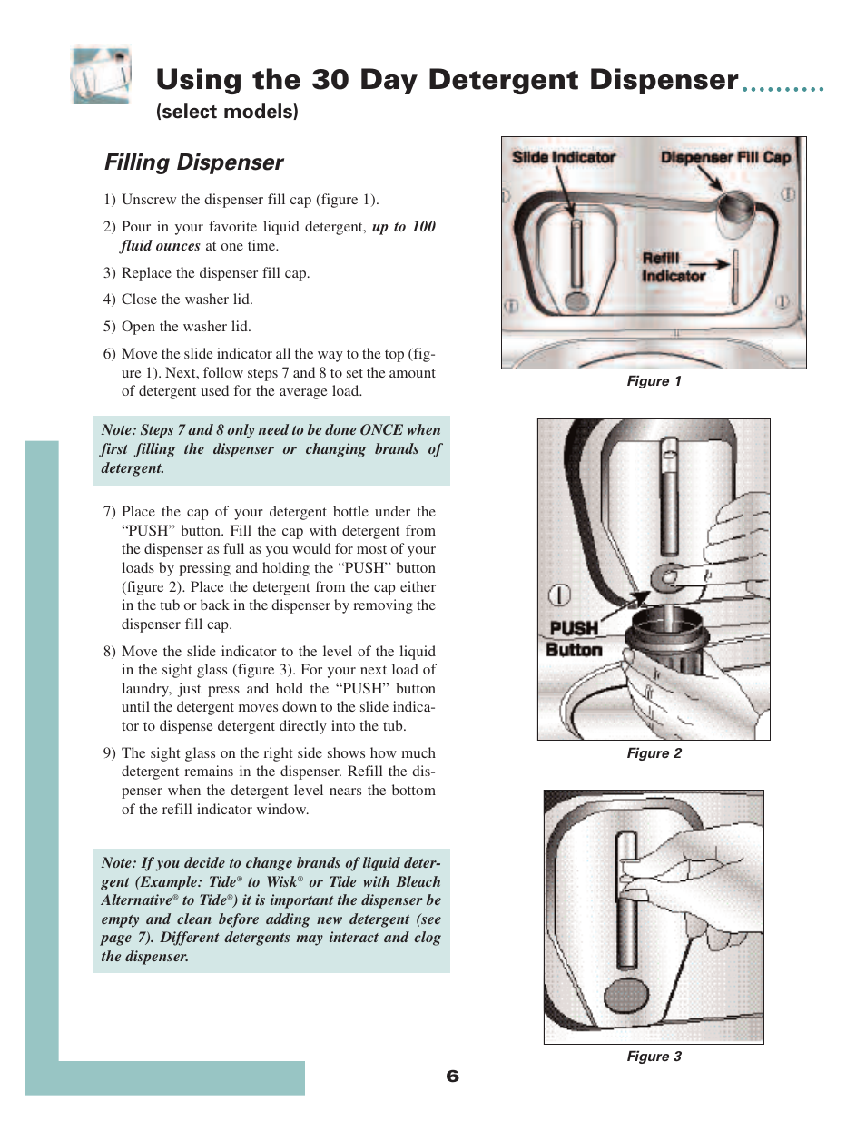 Using the 30 day detergent dispenser, Filling dispenser, Select models) | Maytag MAV6057AWW User Manual | Page 8 / 12