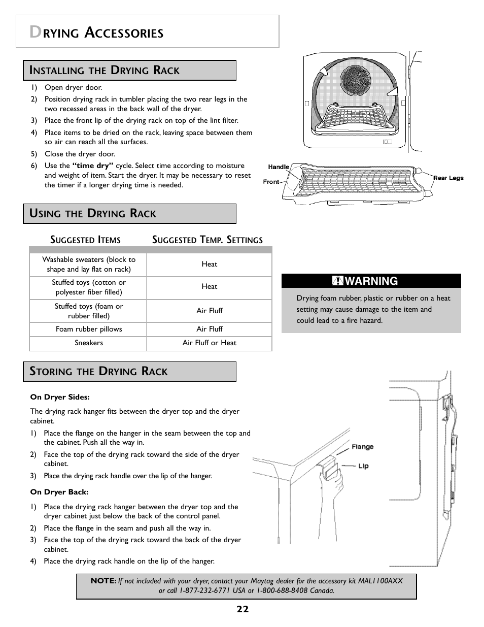 Rying, Ccessories, Warning | Maytag MDG9800AWQ User Manual | Page 23 / 72