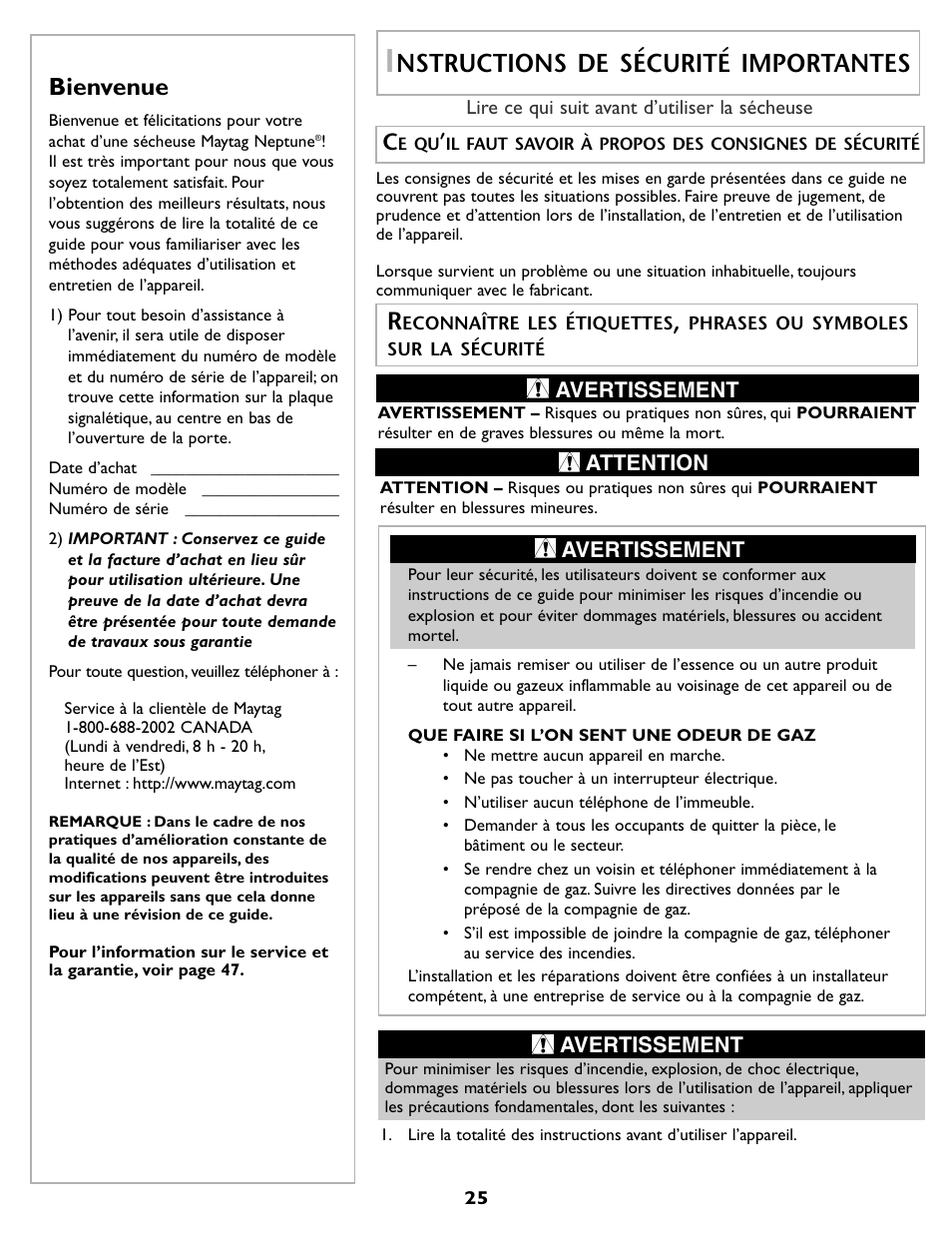 Nstructions de sécurité importantes, Bienvenue | Maytag MDG9800AWQ User Manual | Page 26 / 72