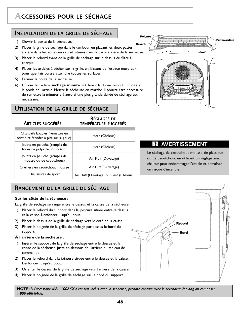 Ccessoires pour le séchage, Avertissement | Maytag MDG9800AWQ User Manual | Page 47 / 72