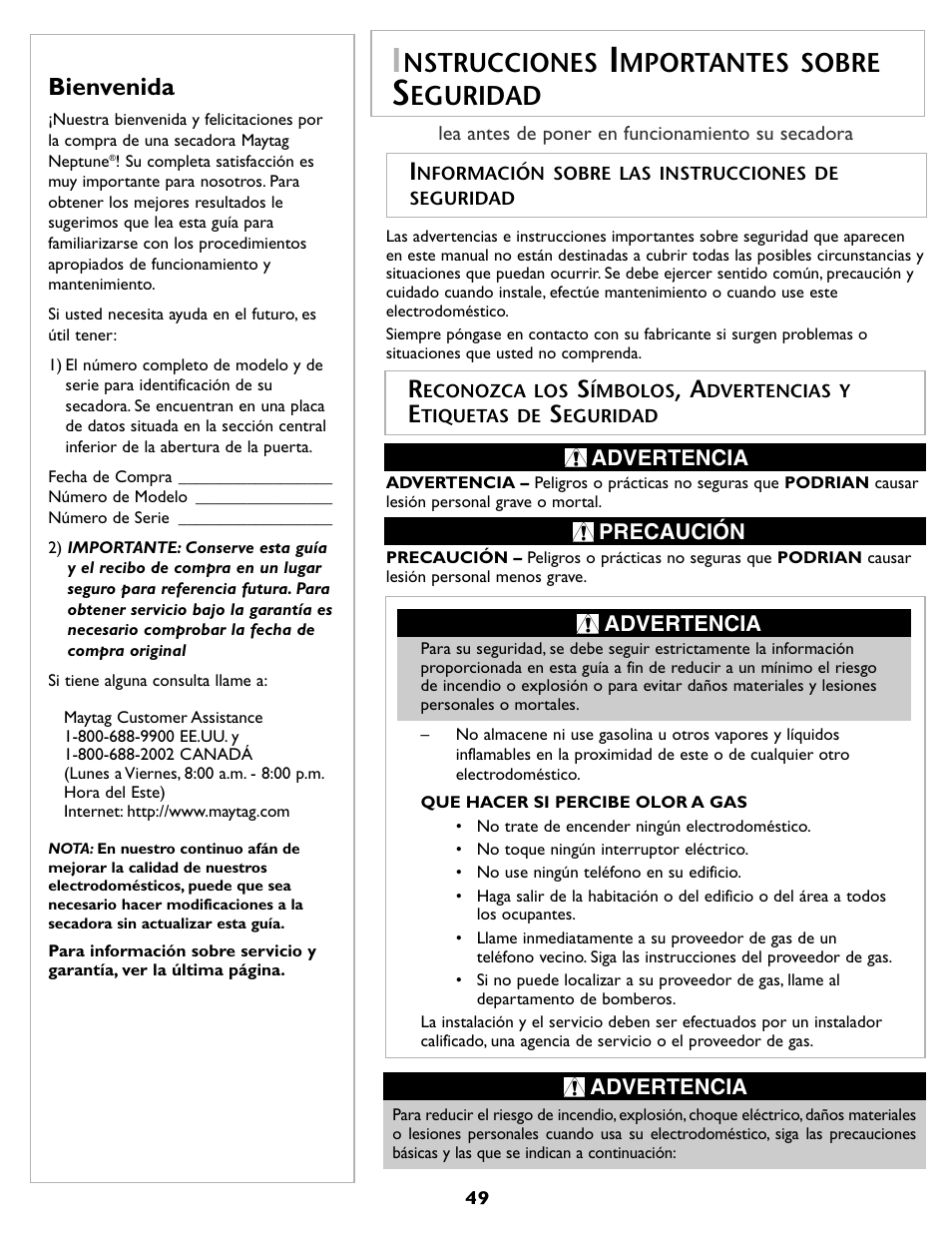 Nstrucciones, Mportantes sobre, Eguridad | Bienvenida | Maytag MDG9800AWQ User Manual | Page 50 / 72
