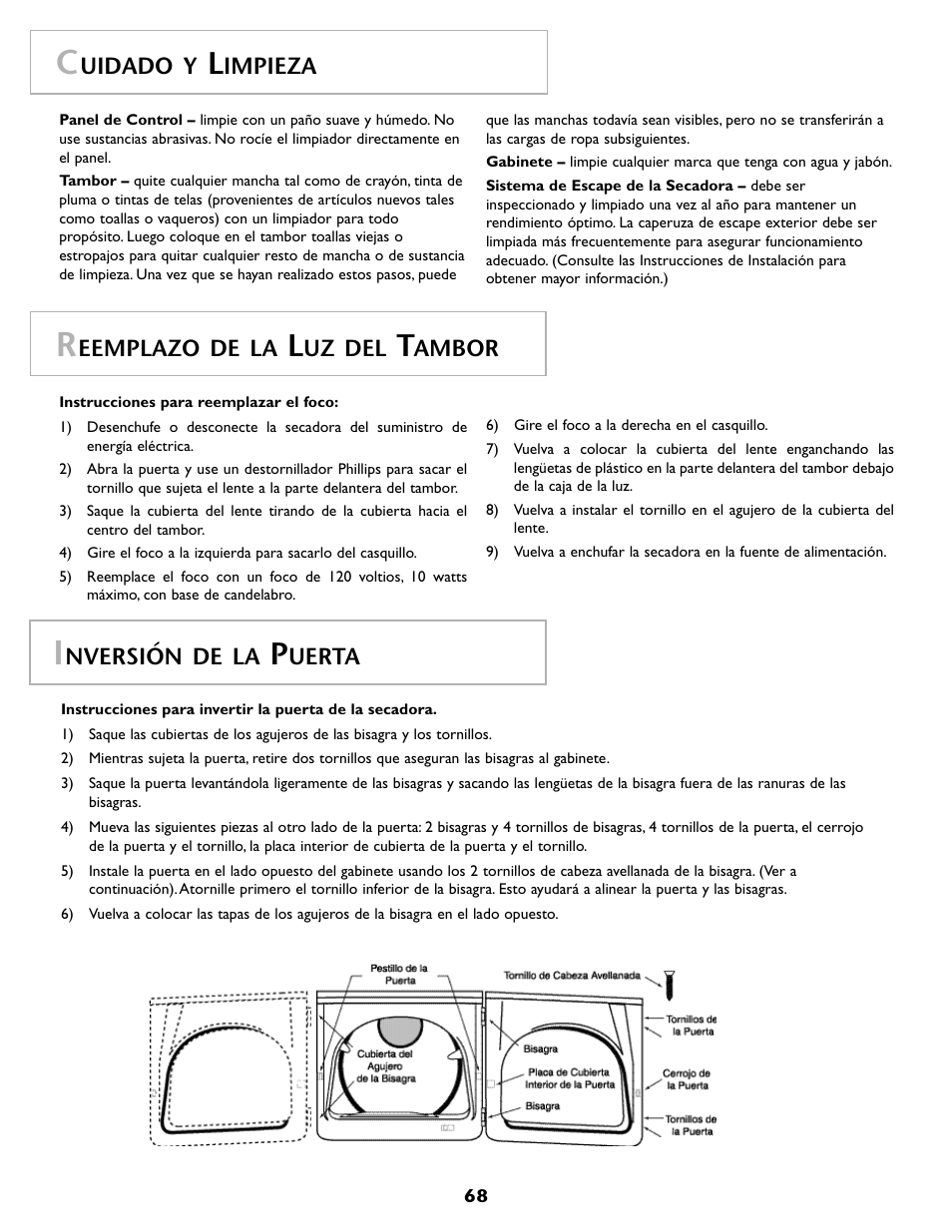 Uidado y, Impieza, Eemplazo de la | Uz del, Ambor, Nversión de la, Uerta | Maytag MDG9800AWQ User Manual | Page 69 / 72