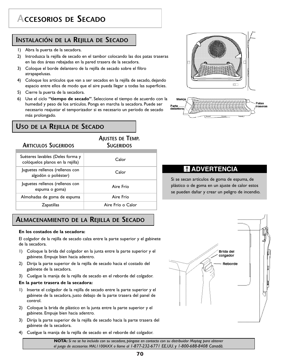 Ccesorios de, Ecado, Advertencia | Maytag MDG9800AWQ User Manual | Page 71 / 72