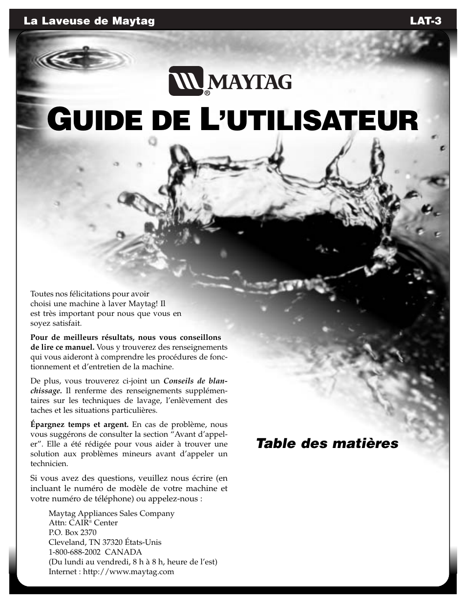 Uide de, Utilisateur | Maytag LAT3600AAE User Manual | Page 11 / 28