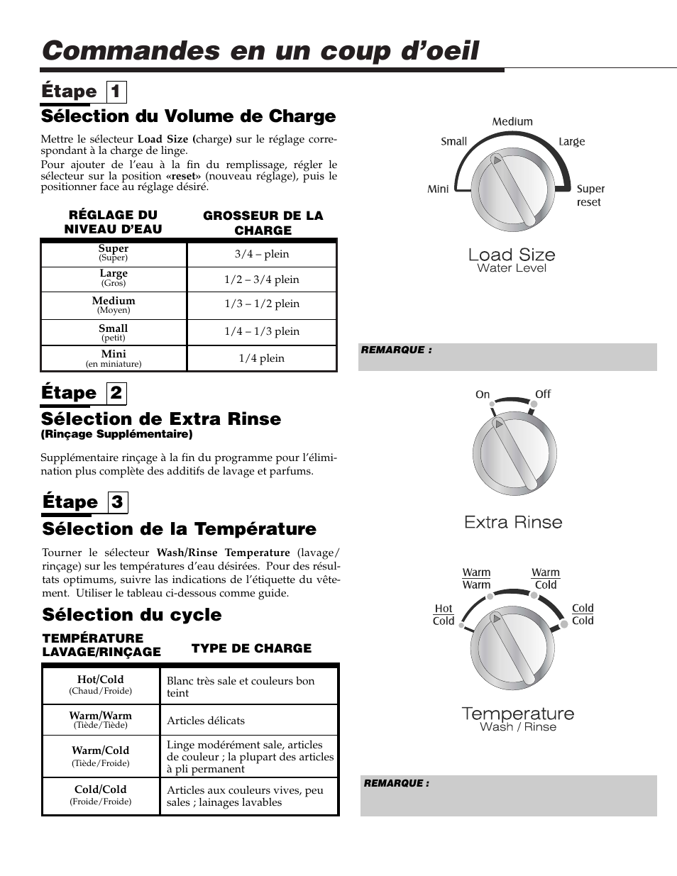 Commandes en un coup d’oeil, Étape 1, Sélection du volume de charge | Étape 3 sélection de la température, Sélection du cycle, Étape 2 sélection de extra rinse | Maytag LAT3600AAE User Manual | Page 14 / 28