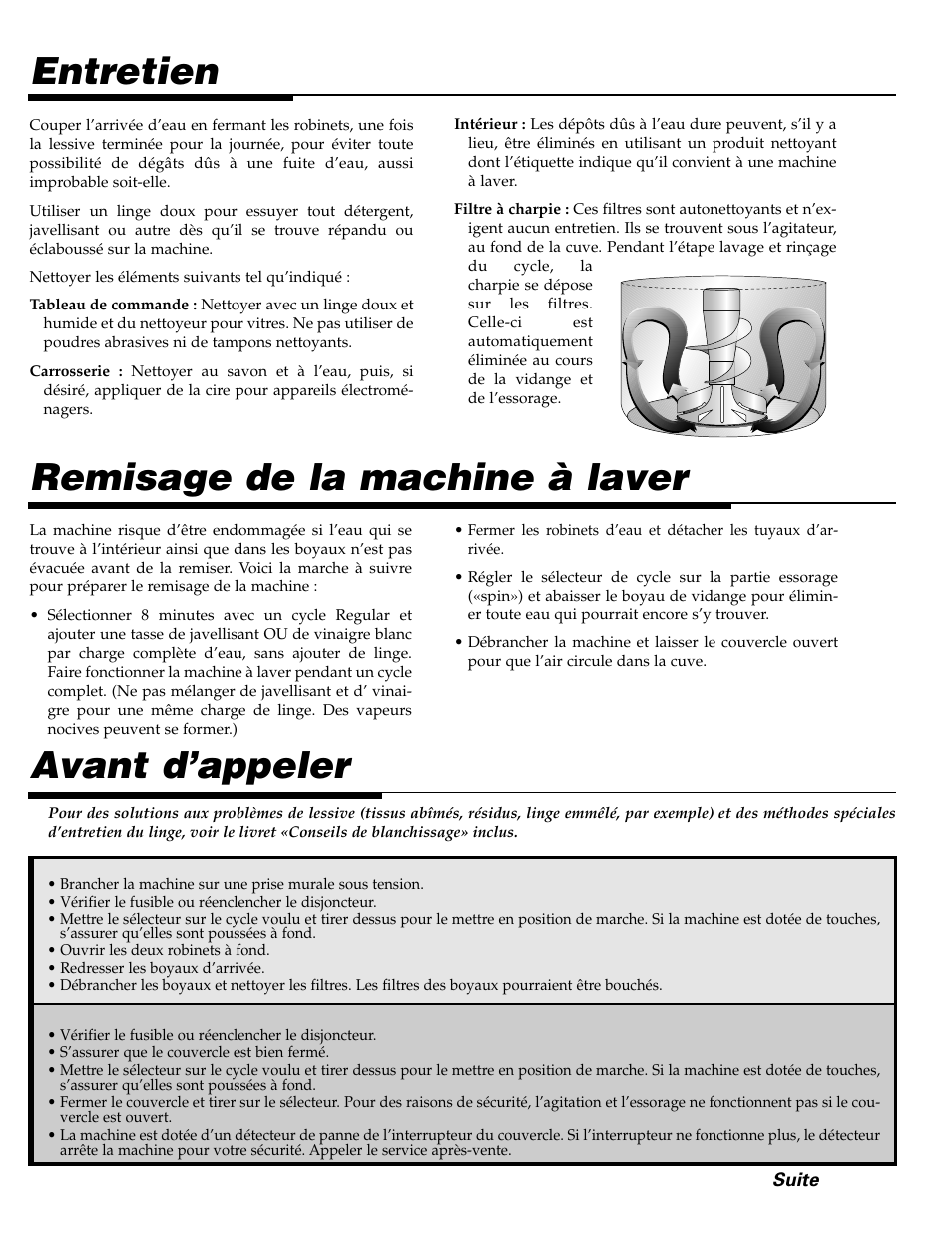 Remisage de la machine à laver, Entretien avant d’appeler | Maytag LAT3600AAE User Manual | Page 17 / 28