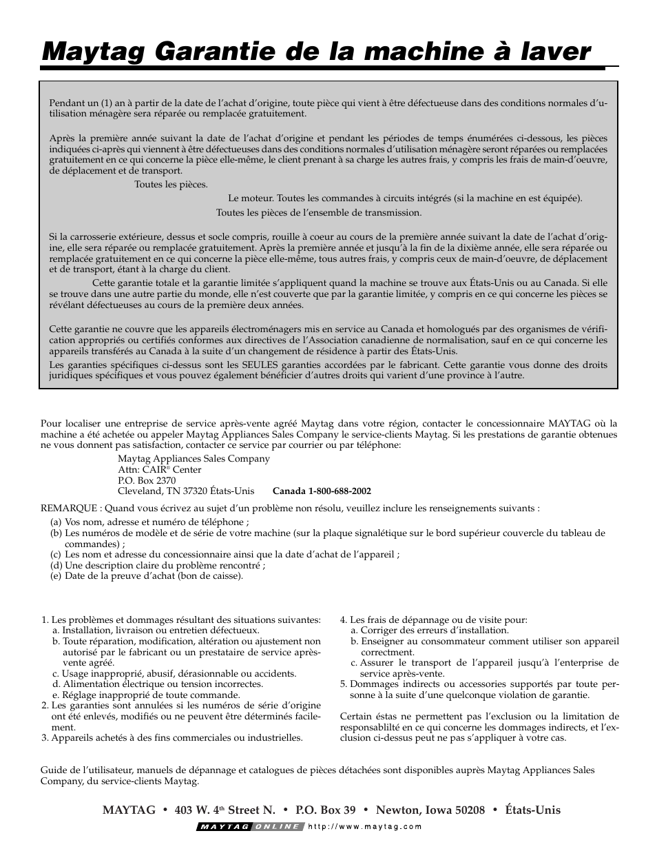 Maytag garantie de la machine à laver | Maytag LAT3600AAE User Manual | Page 19 / 28