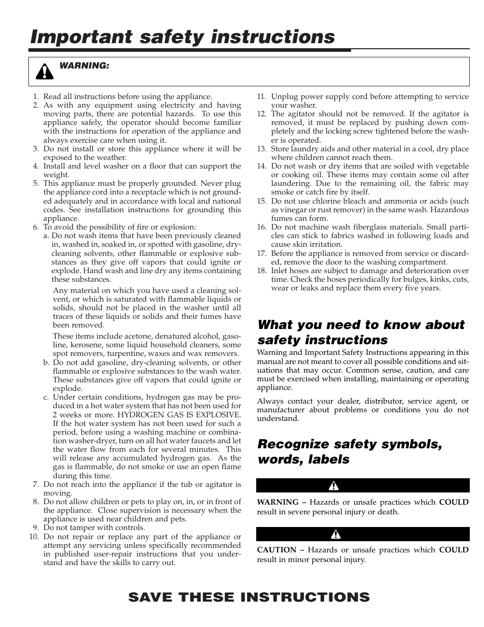 Important safety instructions, Save these instructions, Recognize safety symbols, words, labels | What you need to know about safety instructions, Warning caution | Maytag LAT3600AAE User Manual | Page 2 / 28