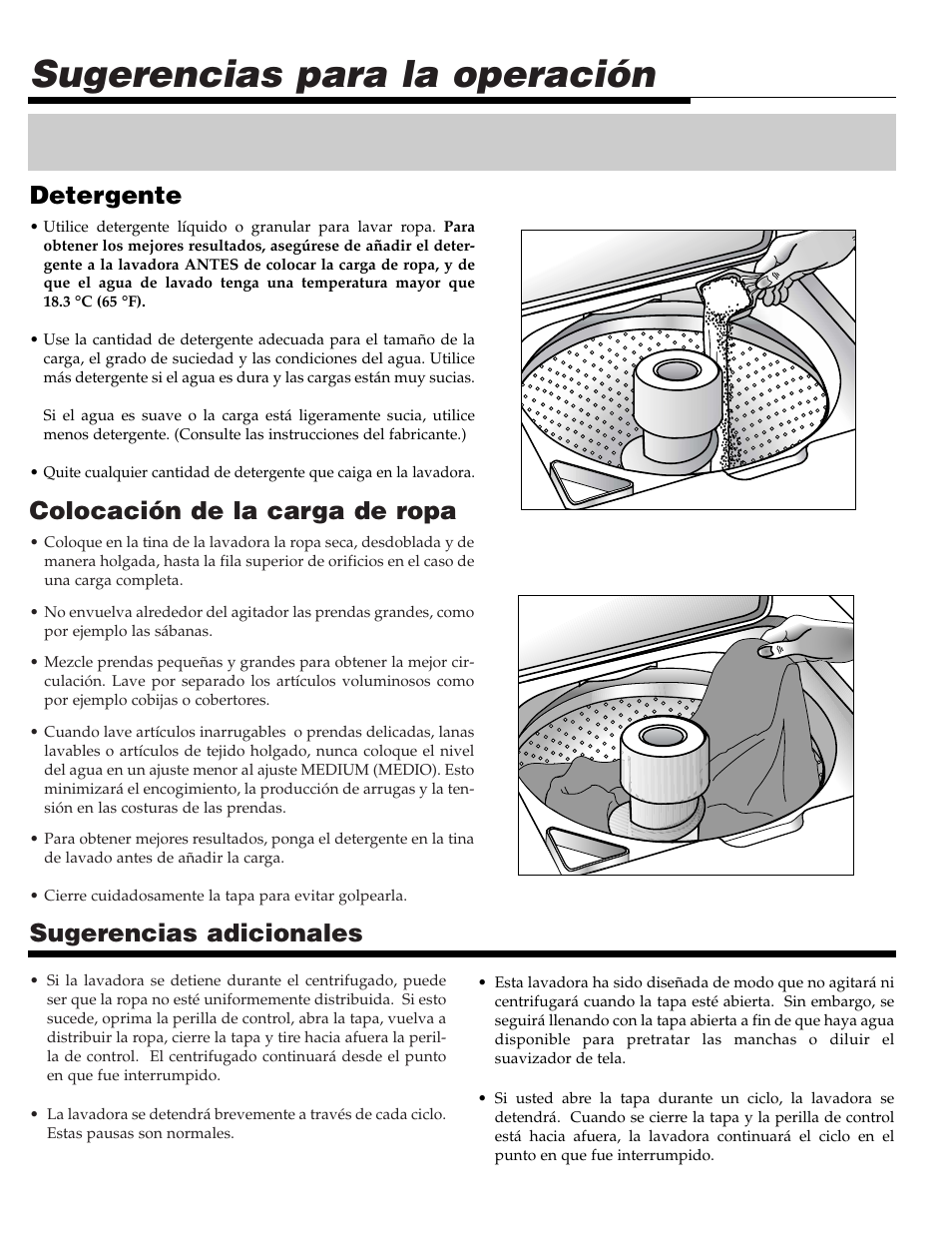 Sugerencias para la operación, Colocación de la carga de ropa, Sugerencias adicionales | Detergente | Maytag LAT3600AAE User Manual | Page 23 / 28