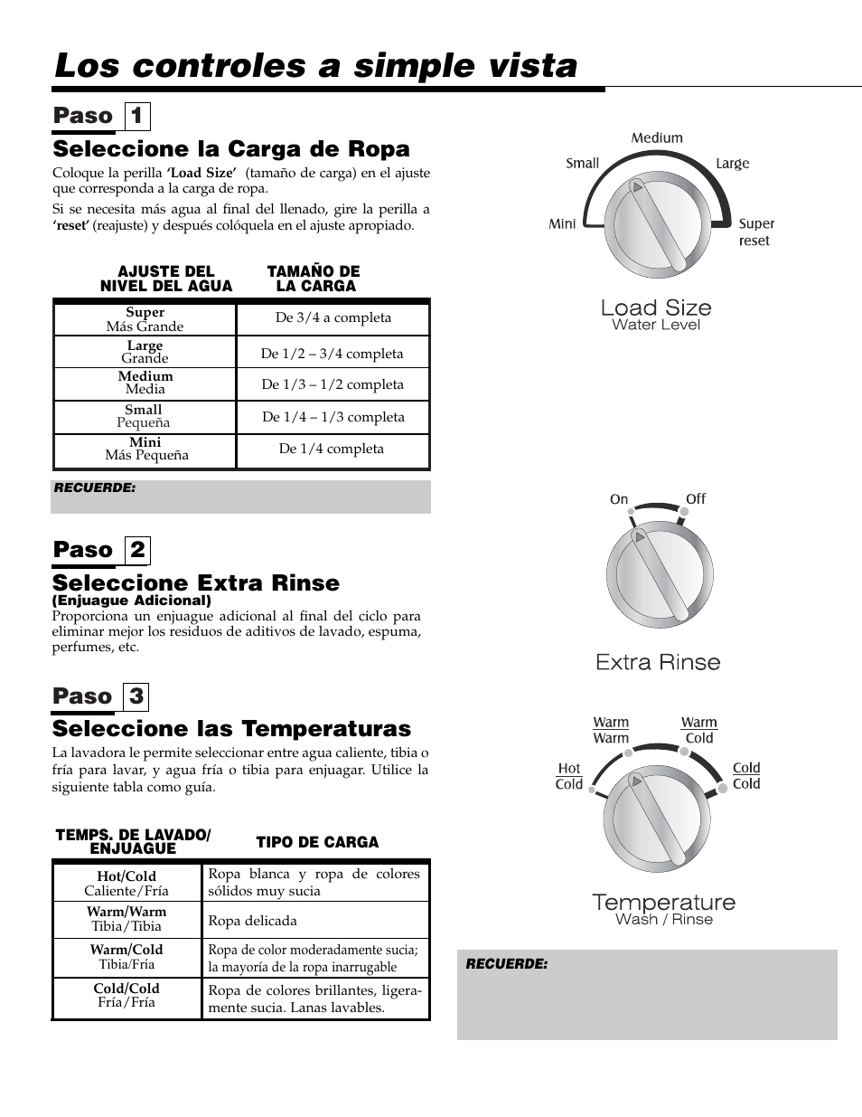 Los controles a simple vista, Paso 3 paso 1, Seleccione las temperaturas | Seleccione la carga de ropa, Paso 2 seleccione extra rinse | Maytag LAT3600AAE User Manual | Page 24 / 28