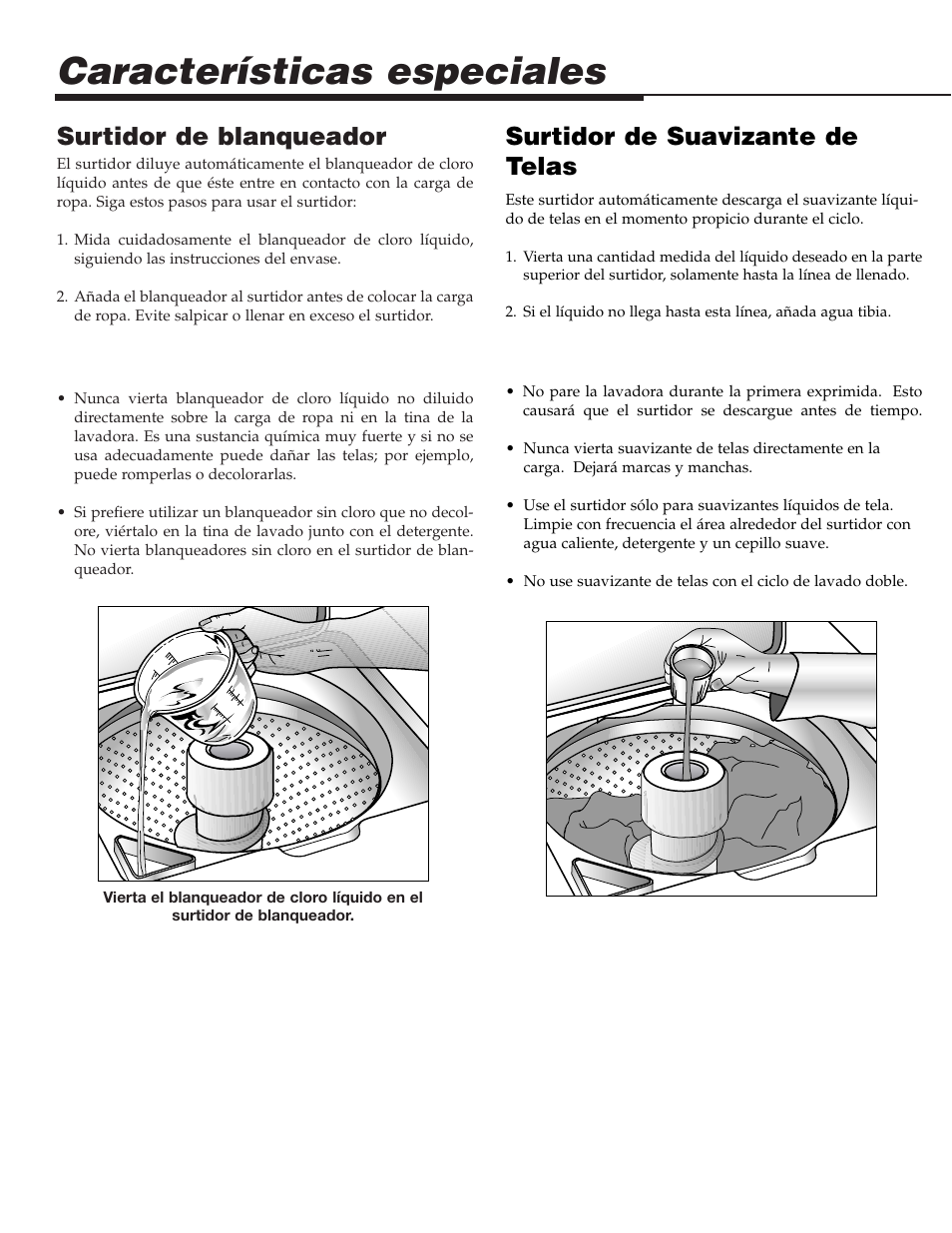 Características especiales, Surtidor de blanqueador, Surtidor de suavizante de telas | Maytag LAT3600AAE User Manual | Page 26 / 28