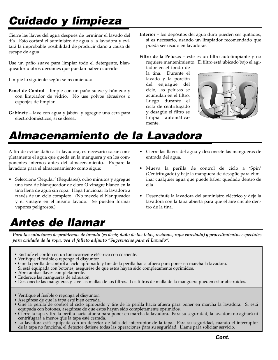 Cuidado y limpieza, Almacenamiento de la lavadora, Antes de llamar | Maytag LAT3600AAE User Manual | Page 27 / 28