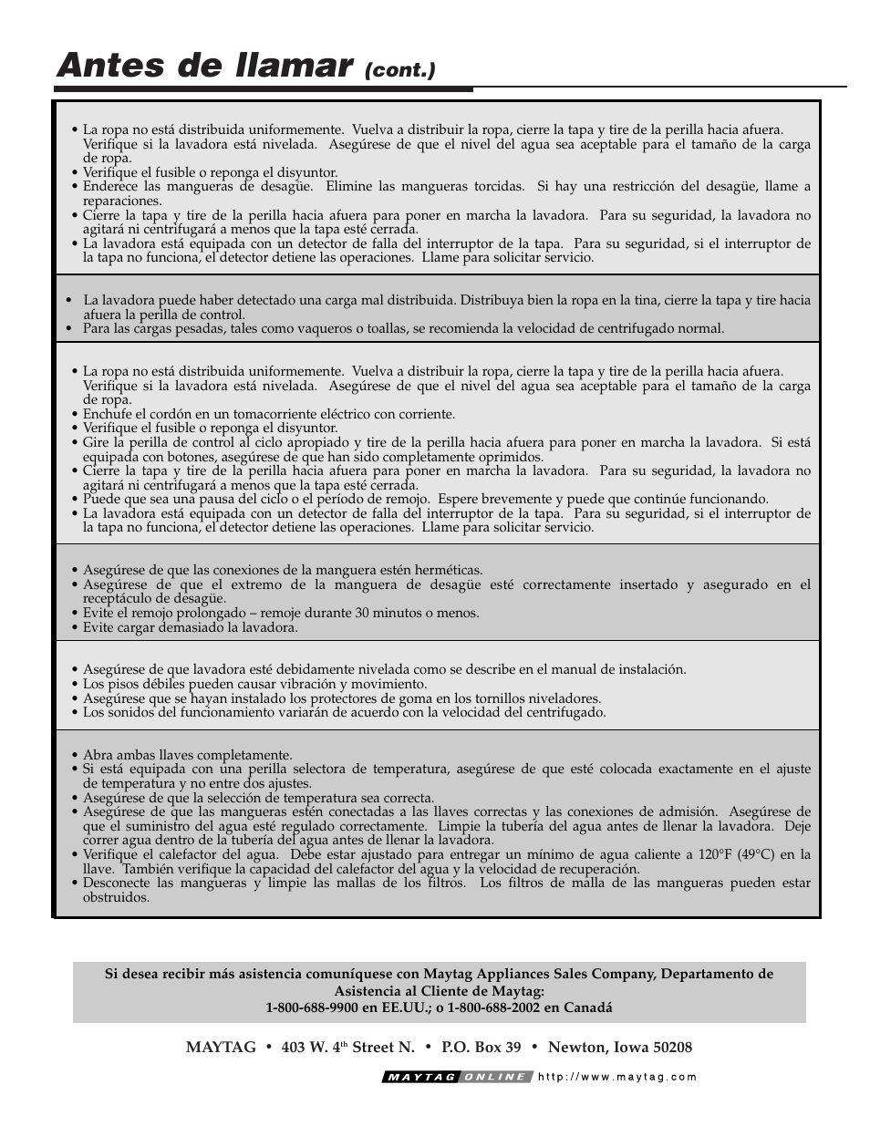 Antes de llamar, Cont.) | Maytag LAT3600AAE User Manual | Page 28 / 28