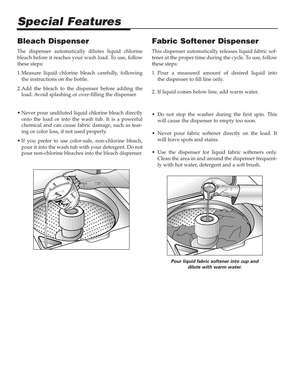 Special features, Bleach dispenser, Fabric softener dispenser | Maytag LAT3600AAE User Manual | Page 6 / 28