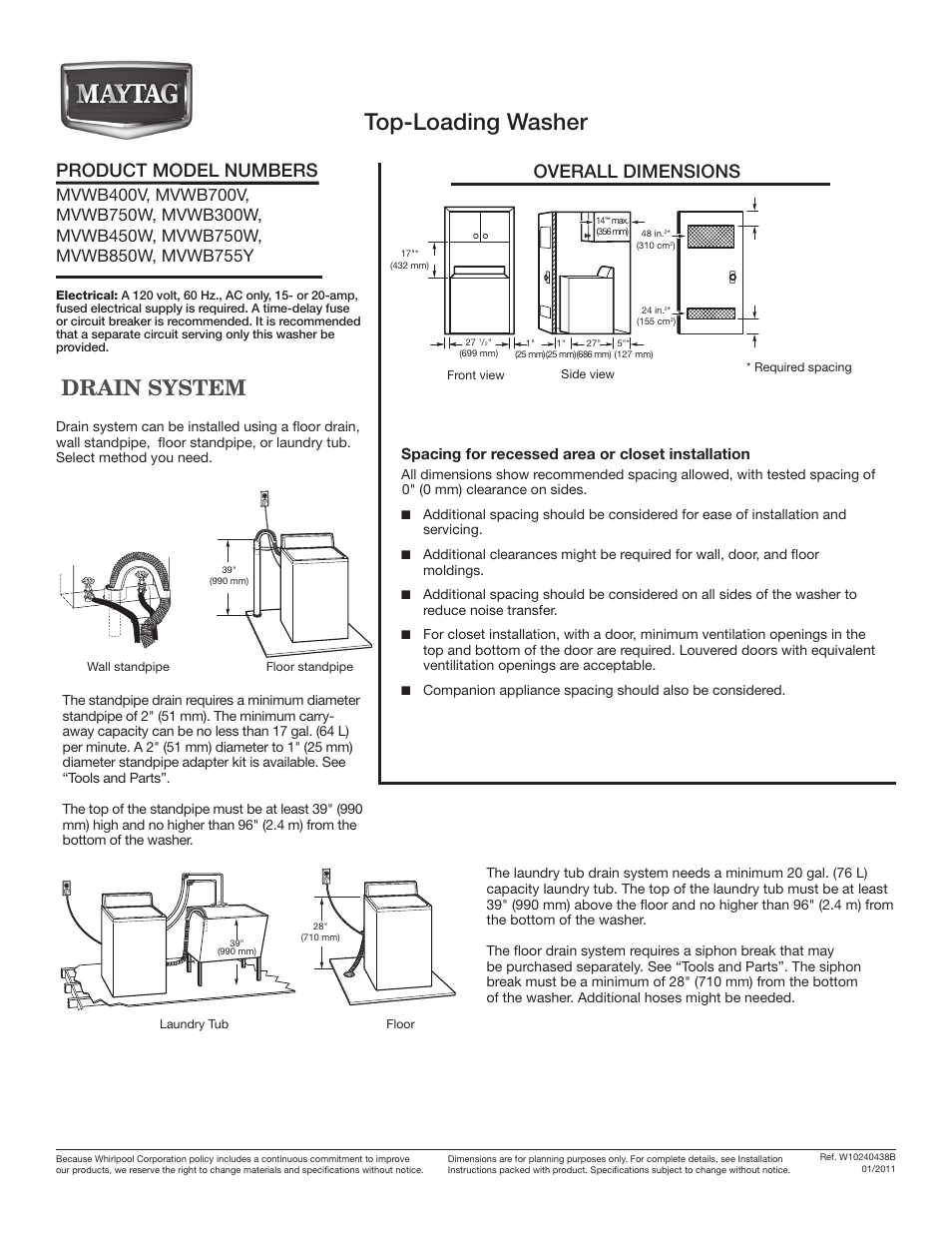 Maytag MVWB750WB Dimension Guide User Manual | 1 page
