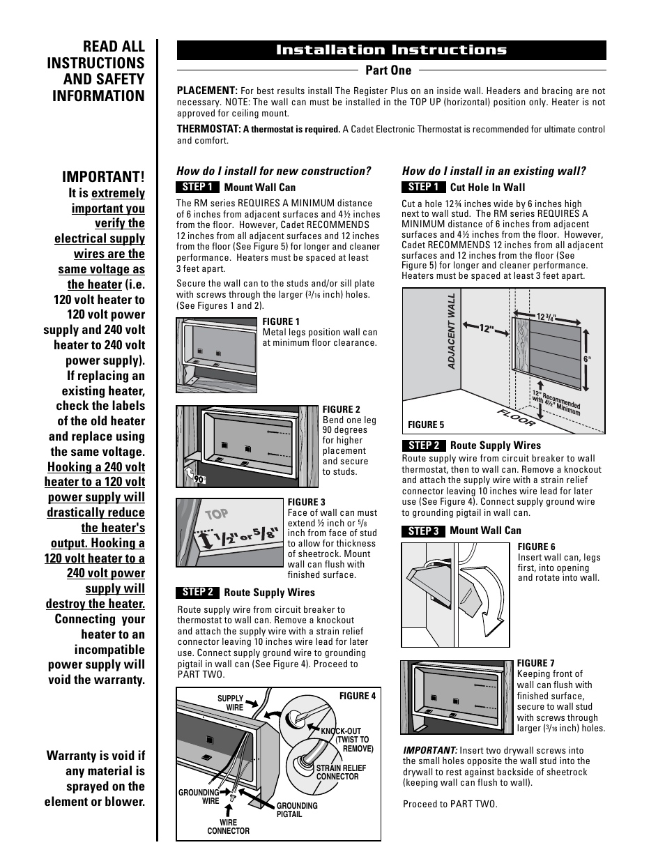 Installation instructions, Read all instructions and safety information, Important | Cadet The Register Plus RM108 User Manual | Page 2 / 8